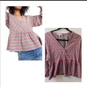 Madewell Striped Bubble-Sleeve gray peplum Top L